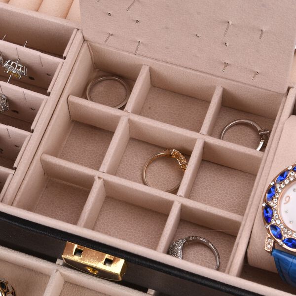 3-lagige Schmuckbox aus PU mit Diamantmuster und 5 Silberpoliertücher, schwarz image number 7