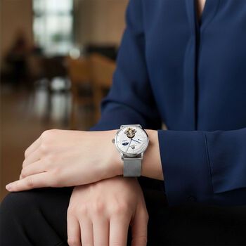 William Hunt Automatik-Uhr - IP-schwarzbeschichtetes Edelstahlgeh&auml;use, wei&szlig;es Multifunktionszifferblatt mit gew&ouml;lbtem Glas, Edelstahl-Mesh-Armband, Glasboden, 5 ATM wasserdicht, Reiner Edelstahl