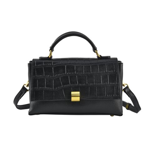 Cabrio Handtasche mit Krokoprägung aus echtem Leder, 25x8x15 cm, Schwarz image number 0