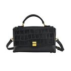 Cabrio Handtasche mit Krokoprägung aus echtem Leder, 25x8x15 cm, Schwarz