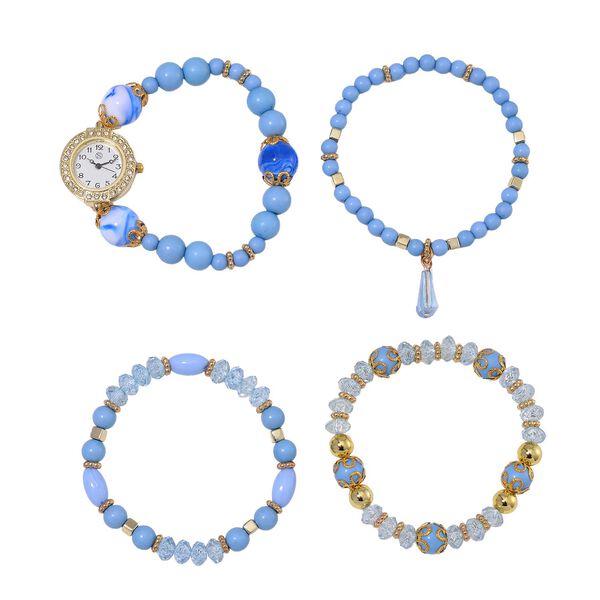 4er Set STRADA - Uhr mit Blau Kristall Armb&auml;nder