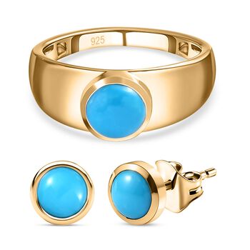 2er Set - Amerikanischer nat&uuml;rlicher Sleeping Beauty T&uuml;rkis Ring und Ohrringe, 925 Silber Gelbgold Vermeil ca. 4.80 ct