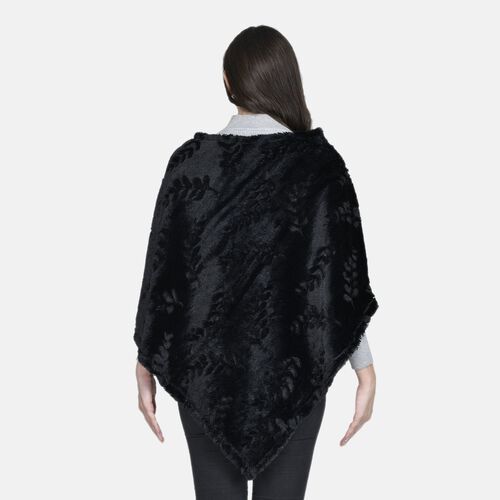 Weicher Kunstfell Poncho mit 3D Blätter Motiv, Schwarz image number 1