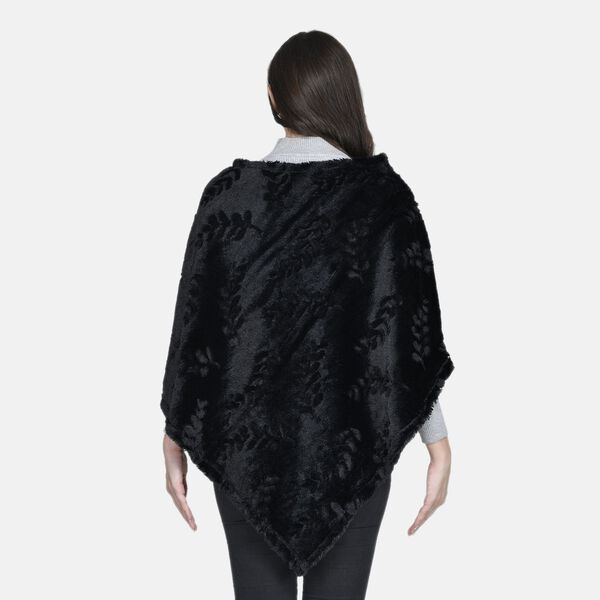 Weicher Kunstfell Poncho mit 3D Bl&auml;tter Motiv, Schwarz image number 1