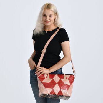 Chaos by Elsie Echtleder Shopper mit RFID, geometrisches Rauten Patchwork im 3D W&uuml;rfel Look, Schlangenpr&auml;gung mit Hochglanz Optik, 30 x 14 x 27 cm, Rot Ros&eacute;