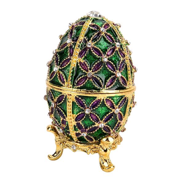 Handgemachte Ei-förmige Schmuckdose mit Blumenverzierung, aus Metall und Kristall, magnetischer Verschluss, 4x7 cm, Grün image number 3