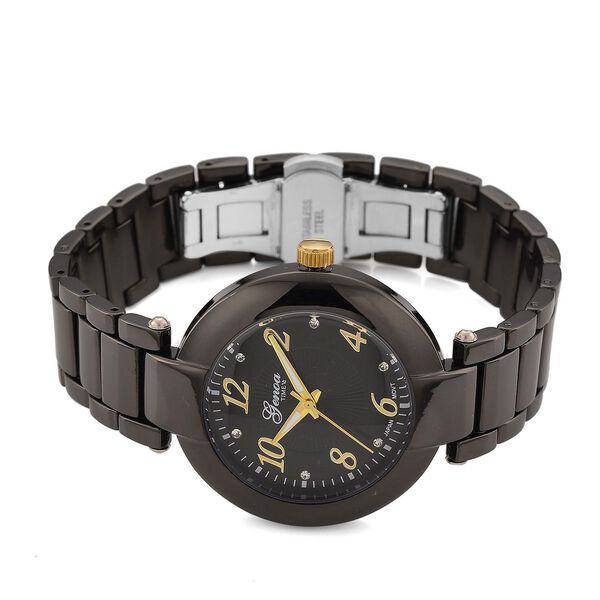 GENOA TIME V2 Uhr mit Japanischem Miyota 2035 Werk, Zifferblatt Schwarz mit Prägemuster und Weißen Kristallen, Edelstahlarmband Schwarz, 3 ATM wasserdicht image number 4