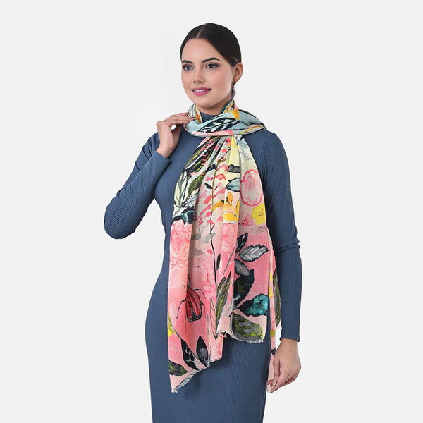 LA MAREY - Schulterstola aus 100 % Kaschmirwolle, 70 x 195 cm, Rosa Blumenprint image number 3