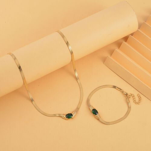 2-teiliges Schmuckset, Halskette und Armband mit Grüner Kristallen, Edelstahl goldfarben image number 1