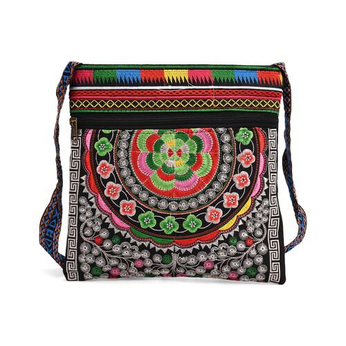 Crossbody-Tasche mit floraler Stickerei, ethnischem Boho-Muster, 23×24 cm, Schwarz mit grünen Motiven image number 0