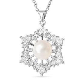 Weißer Süßwasserperlen und Zirkonia-Anhänger mit Kette, 45 cm - 3,50 ct.