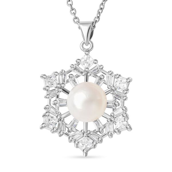 Wei&szlig;er S&uuml;&szlig;wasserperlen und Zirkonia-Anh&auml;nger mit Kette, 45 cm - 3,50 ct.