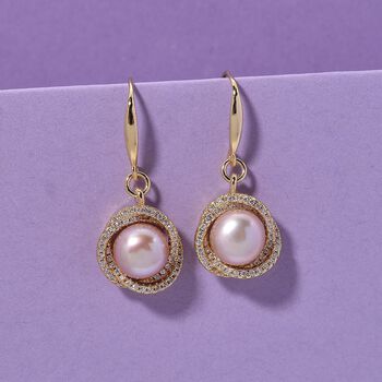 Lila S&uuml;&szlig;wasser Perle (8-10 mm), Wei&szlig;er Zirkonia Ohrringe Nickelfreies Messing vergoldet