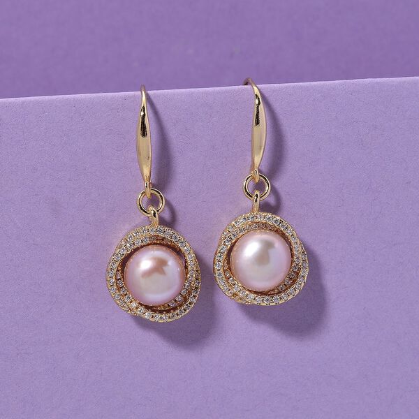 Lila S&uuml;&szlig;wasser Perle (8-10 mm), Wei&szlig;er Zirkonia Ohrringe Nickelfreies Messing vergoldet image number 2