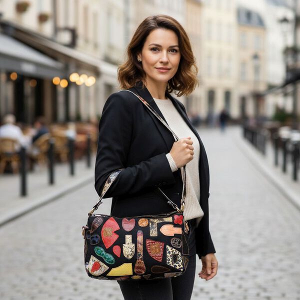 "Chaos by Elsie Genuine Leather shoulder Bag with RFID Color:black Size:35*12*22cm           Wall: Genuine Leather Lining: Polyester                Exterior:zipped-2, Interior:zipped-2, slip-2   with 1 Long strap:120cm image number 3