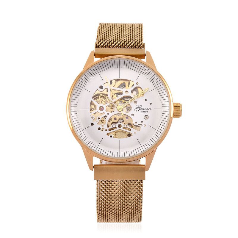 GENOA Automatik-Uhr, Weißes ausgehöhltes Sonnenstrahl-Zifferblatt, goldfarbenes Gehäuse & goldfarbenes Edelstahlarmband, 10.25 cm image number 0