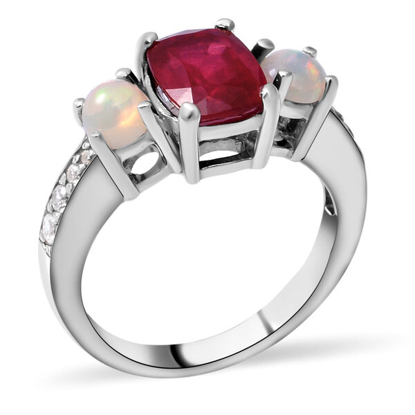 Afrikanischer Rubin, natürlicher, äthiopischer Opal und Zirkon-Ring, (Fissure gefüllt), 925 Silber platiniert image number 4