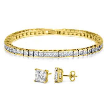2er Set- Wei&szlig;er Zirkonia Armband und Ohrringe, Nickelfreies Messing, goldfarben