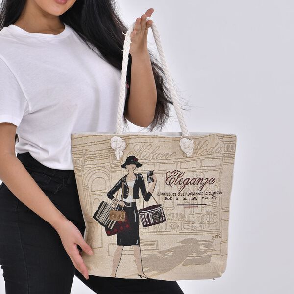 Jacquard gewebte Jute-Tasche mit kunstvollem Muster, 42x34 cm, Khaki image number 3