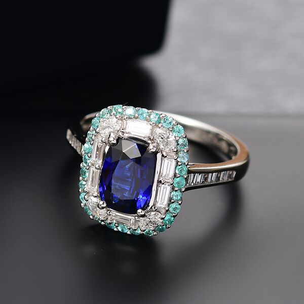 RHAPSODY zertifiziert und gepr&uuml;ft AAAA ceylonfarbener blauer Saphir, Paraiba Turmalin und VS Diamant Ring in 950 Platin - 3,94 ct. image number 1