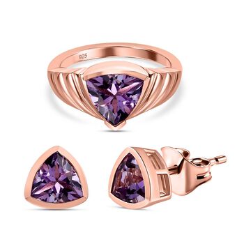 2er Set - Rose De France Amethyst Ring und Ohrstecker im Schmuckset, 925 Silber ros&eacute;vergoldet ca. 3.66 ct