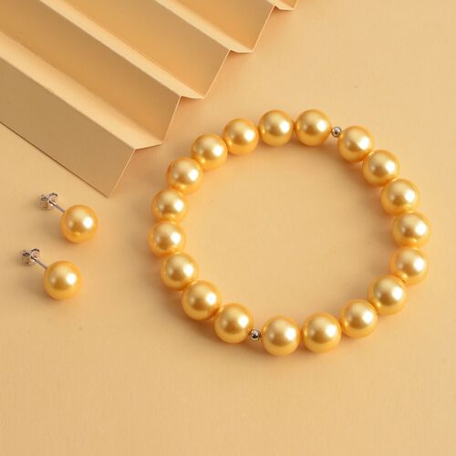 2er-Set- 9-11 mm goldenes Muschelkernperlen-Armband und Ohrringe - 164 ct. image number 1