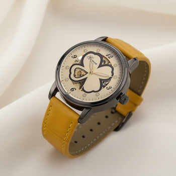 GENOA Automatikuhr mit Automatikwerk, Zifferblatt mit Blumenmuster und Moissaniten, gelbes Lederarmband, 36mm