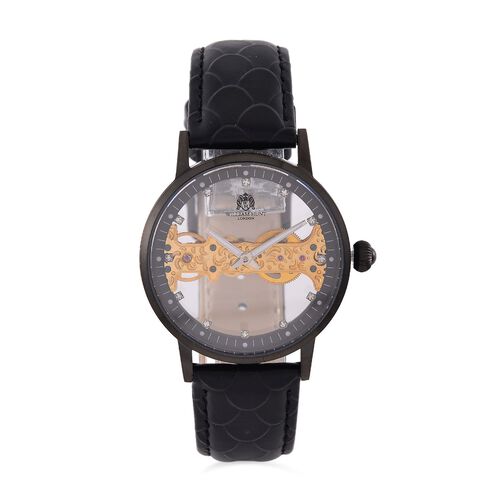 William Hunt Automatik-Uhr, Edelstahlgehäuse, Hohles Zifferblatt mit weißen Kristallen, Schwarz Lederarmband, 5ATM wasserdicht image number 0