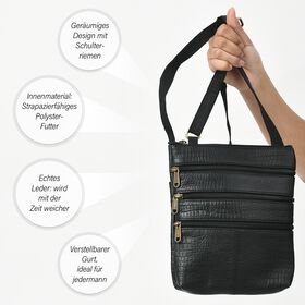 Echtleder Crossbody Tasche mit Kroko-Pr&auml;gung, Schwarz