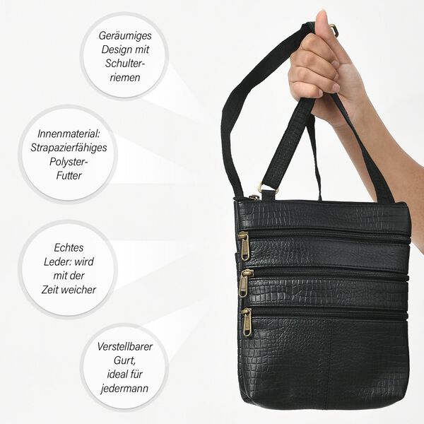 Echtleder Crossbody Tasche mit Kroko-Prägung, Schwarz image number 4