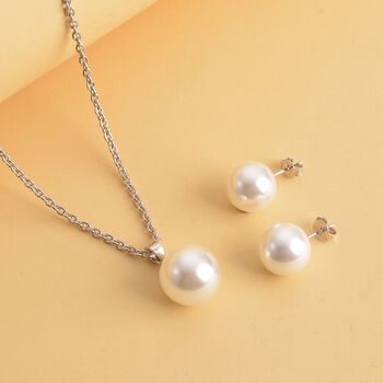 2er Set - Wei&szlig;e Muschelkernperlen (13-15 mm) Anh&auml;nger und Ohrringe, 925 Silber rhodiniert und Edelstahl