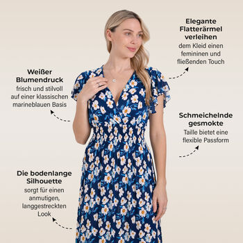 Gesmokter Maxikleid mit Volant&auml;rmeln, Blau und wei&szlig; mit Blumenmuster, Einheitsgr&ouml;&szlig;e