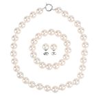  3er Set - Weiße Muschelkernperle Halskette ca. 50 cm, Armband-verstellbar, und Ohrringe Schmuckset, 316L Edelstahl