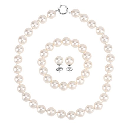  3er Set - Wei&szlig;e Muschelkernperle Halskette ca. 50 cm, Armband-verstellbar, und Ohrringe Schmuckset, 316L Edelstahl