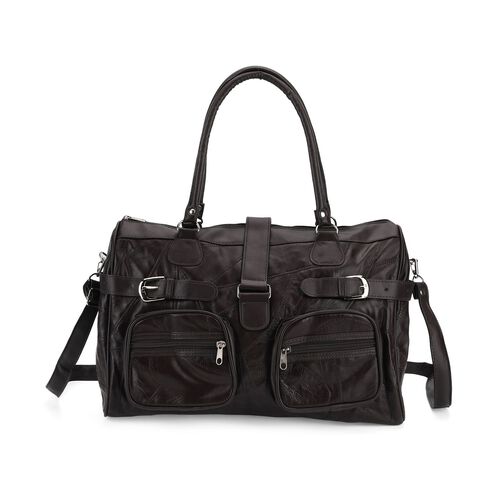 "lifestyle-Color:Black size/Profile:Patch leather crossbody bag :wall(exterior); Genuine Leather;Lining(interior):polyester  Pockets(exterior):zipped-2,pocket-2;Pockets(interior):zipped-1 slid-2 Measurement(cm): 40*16.5*25.5 cm/15.75*6.5*10.04inch"