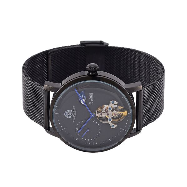 William Hunt Automatik-Uhr - IP-schwarzbeschichtetes Edelstahlgeh&auml;use, schwarzes Multifunktionszifferblatt mit gew&ouml;lbtem Glas, Edelstahl-Mesh-Armband, Glasboden, 5 ATM wasserdicht, Reiner Edelstahl image number 4