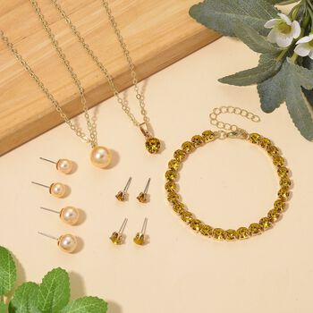 Gelbe Muschelkernperle (8-12 mm), Gelber Kristall Schmuckset 316L Edelstahl, Nickelfreies Messing