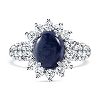 Diffundierter Stern blauer Saphir, Moissanit Ring, 925 Silber rhodiniert (Gr&ouml;&szlig;e 19.00) ca. 7.90 ct