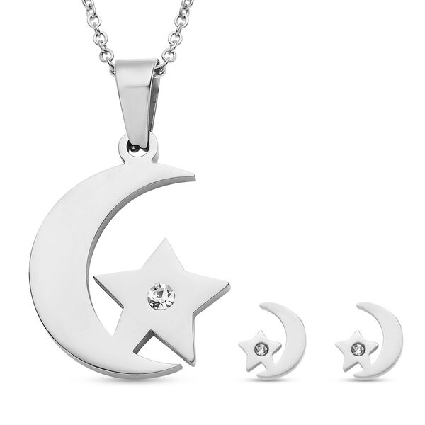 2er - Set weiße Kristall-Ohrringe und Halskette, ca. 50 cm, Edelstahl image number 0