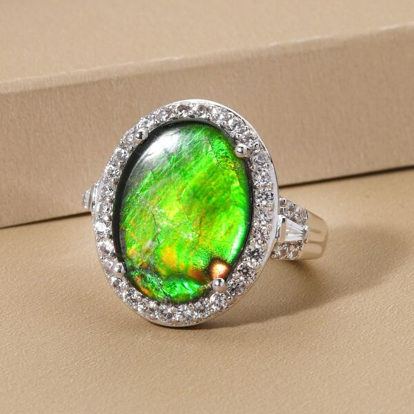 Kanadischer Ammolit und Zirkon-Halo-Ring in Silber image number 2