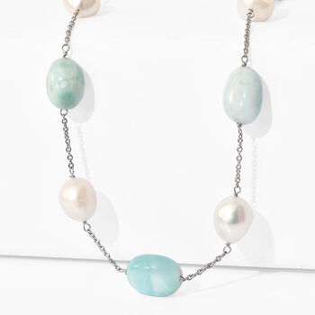 D'Joy Larimar, S&uuml;&szlig;wasser Perle Halskette ca. 50 cm 925 Silber Rhodiniert