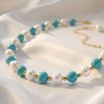 Blauer Howlit, Wei&szlig;e Muschelkernperle (7-9 mm) Halskette ca. 45 cm+ 5 cm Extender, gelb vergoldet