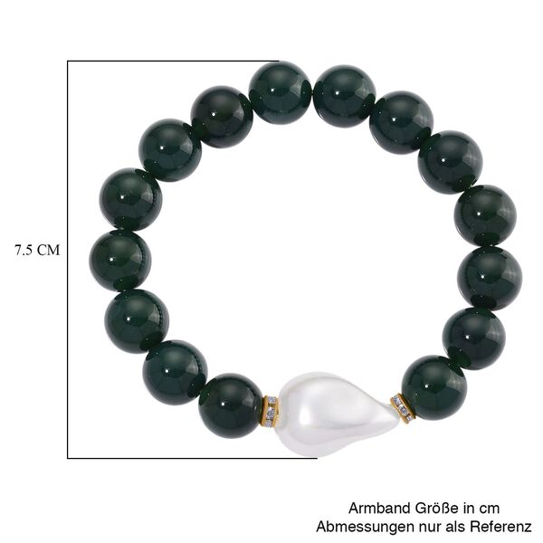 Verde Onyx, Wei&szlig;e Muschelkernperle, Wei&szlig;er Zirkonia Armband ca. Flexibles cm Standard gelb vergoldet image number 5