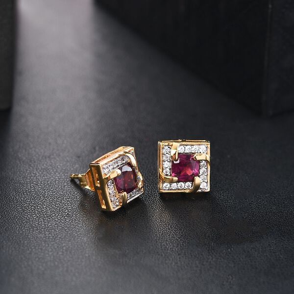 AA Rhodolith Granat, Weiße Zirkon Ohrringe, 925 Silber 750 Gelbgold Vermeil ca. 1.75 ct image number 2