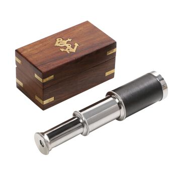 Handgefertigtes, voll funktionsf&auml;higes Teleskop mit Ledergriff und h&ouml;lzerner Geschenk-Box, 15.2x3cm, Silber