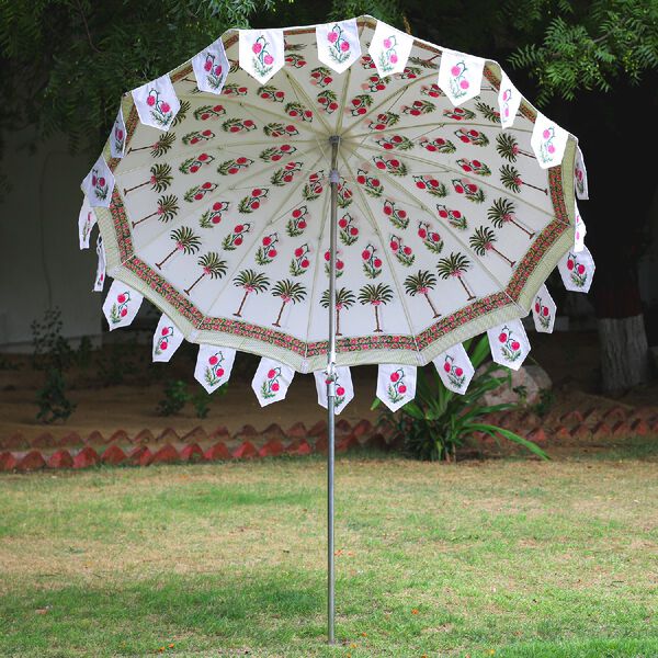 Sonnenschirm aus 100% Baumwolle mit Blockdruck, Palmen-Blumen-Muster, Weiß-Pink-Grün  image number 3