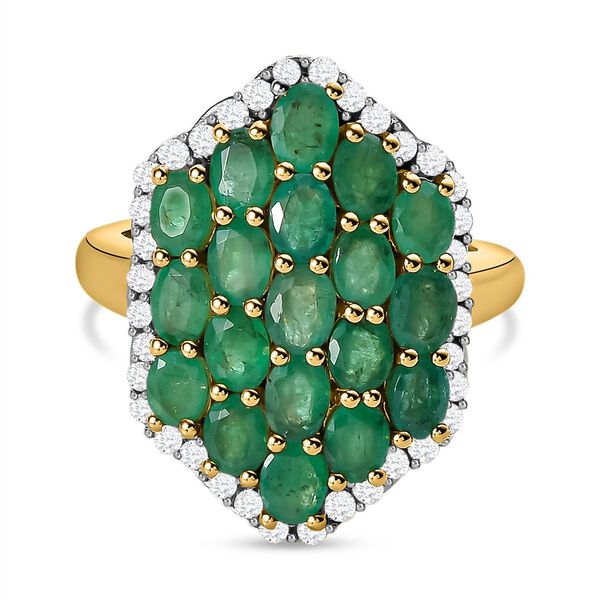 Kagem Sambischer Smaragd, wei&szlig;er Zirkon Ring, 925 Silber vergoldet (Gr&ouml;&szlig;e 17.00) ca. 3.06 ct