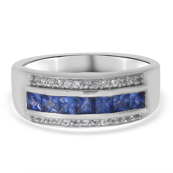 Blauer Saphir und Zirkon Ring 925 Silber platiniert (Gr&ouml;&szlig;e 20.00) ca. 0,89 ct