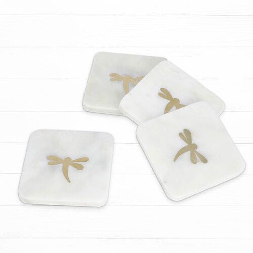 NAKKASHI 4er-Set, Marmor Untersetzer mit Messingintarsie, Libelle, Größe 10x10 cm, Weiß image number 0