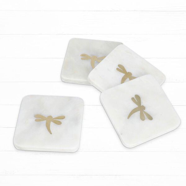 NAKKASHI 4er-Set, Marmor Untersetzer mit Messingintarsie, Libelle, Gr&ouml;&szlig;e 10x10 cm, Wei&szlig;